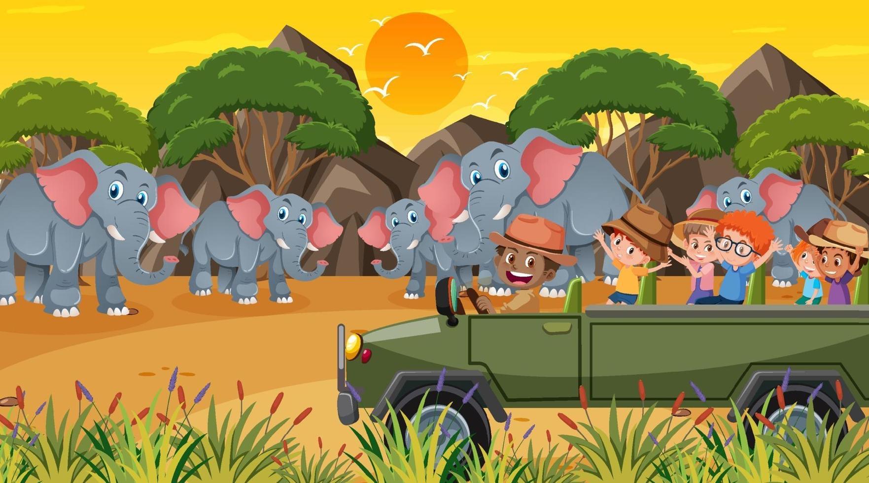 safari vid solnedgången med många barn som tittar på elefantgruppen vektor