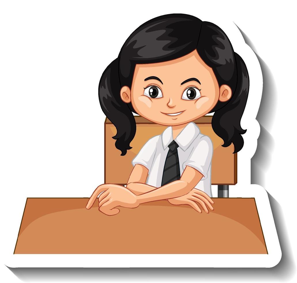 Studentin sitzt am Schreibtisch Cartoon Sticker vektor