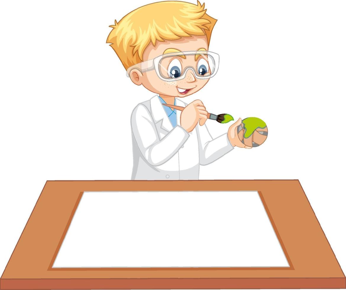 en pojke som bär forskarklänning med tomt papper på bordet vektor