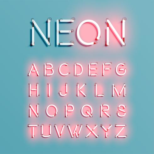 Realistisk neon tecken typsnitt set, vektor illustration