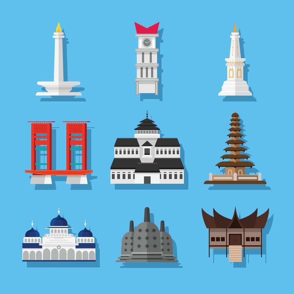 Indonesien Wahrzeichen Cartoon Icon Pack vektor