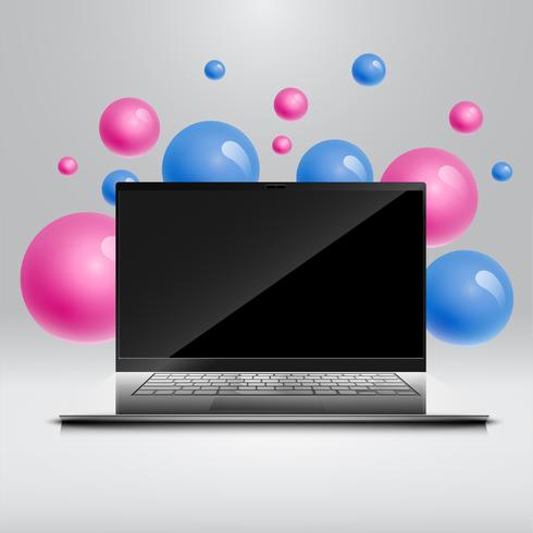 Färgglada bubblor flytande runt en realistisk dator / laptop för affärer, vektor illustration