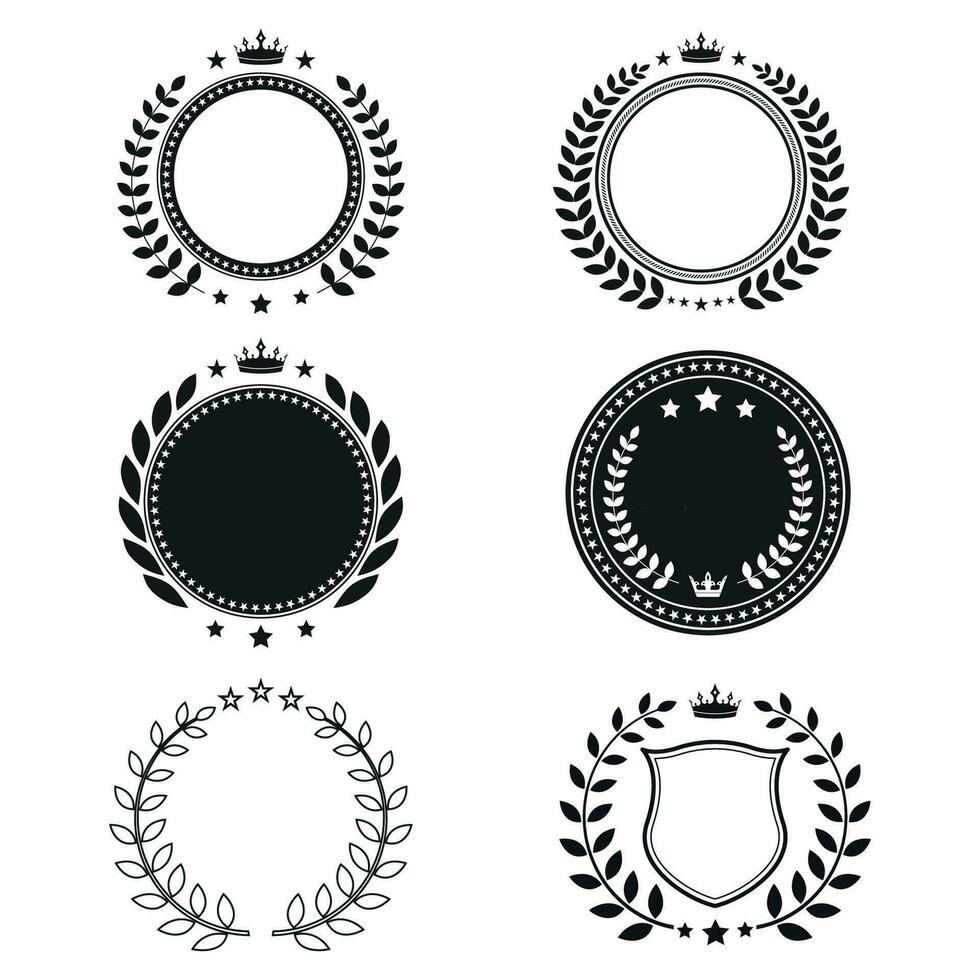 einstellen von Kreis Emblem Illustration mit Bucht Blatt und Krone vektor