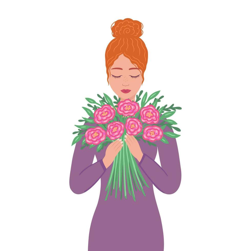 Frau mit Strauß von Blumen. Illustration zum Drucken, Hintergründe, Abdeckungen und Verpackung. Bild können Sein benutzt zum Gruß Karten, Poster, Aufkleber und Textil. isoliert auf Weiß Hintergrund. vektor