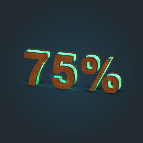 &#39;75% &#39;- Realistisk illustration av ett ord av trä och glödande glas, vektor