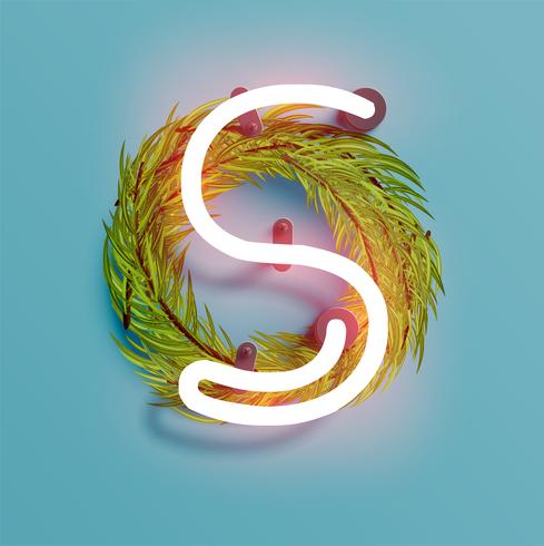 Neon typsnitt från en fontset med jul dekoration tall, vektor illustration