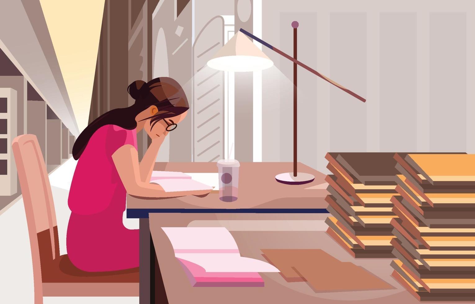 kvinnor studerar hårt ensamma i bibliotekskonceptet vektor
