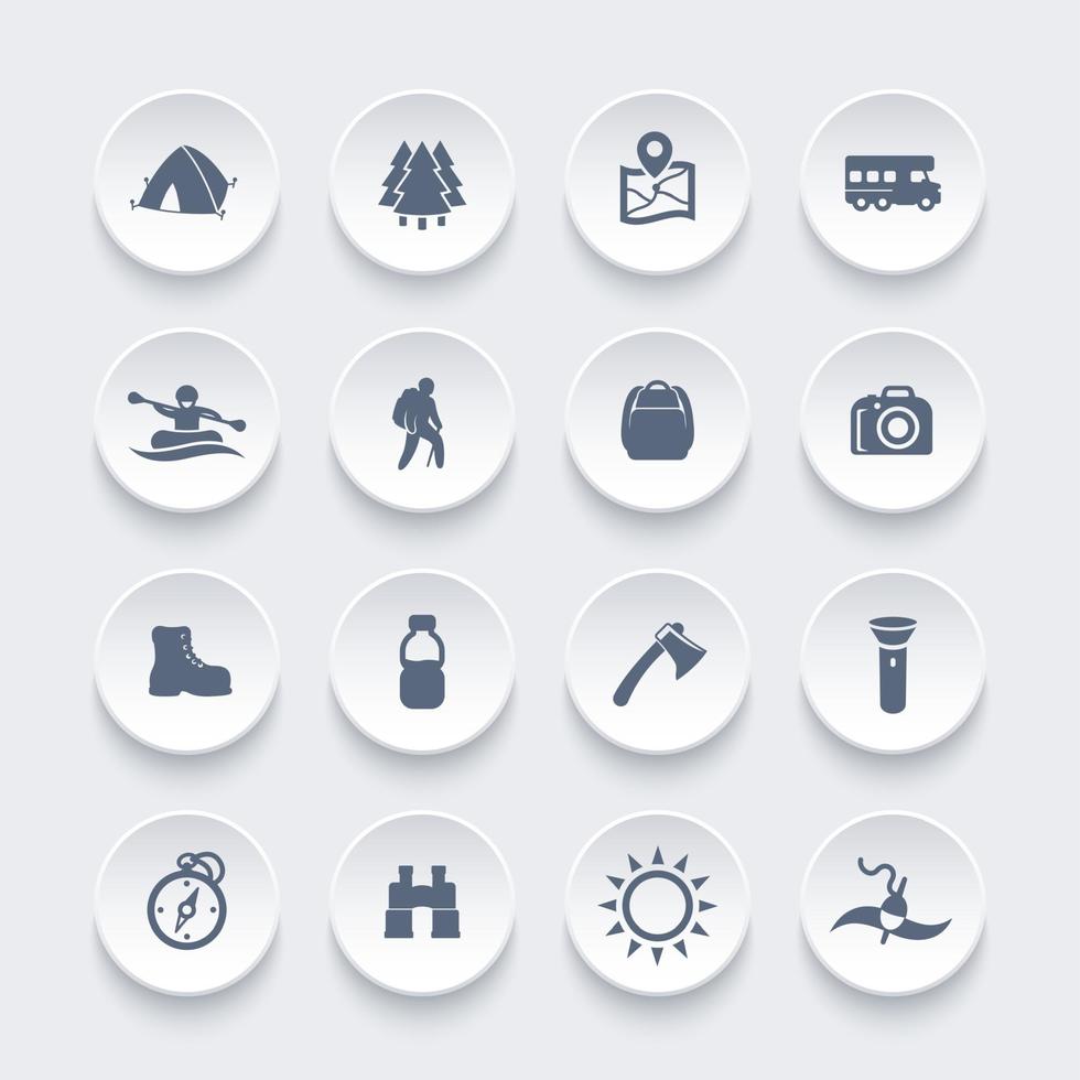 Wandern, Camping, Rafting, Outdoor-Aktivitäten Icons Set, Vektor