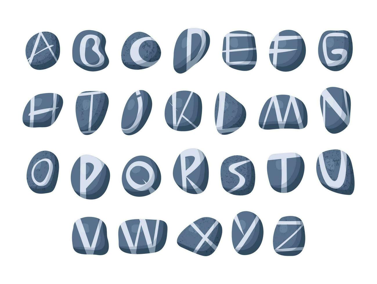 blaualphabetenglischstein Alphabet. Blau grau Fluss Meer Steine mit Briefe Streifen anders Formen auf Weiß Hintergrund. eben Stil. Vektor Illustration