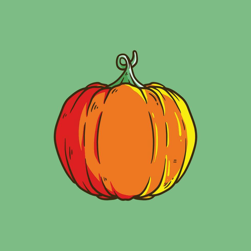 Orange Kürbis Vektor Karikatur Illustration. Herbst Halloween und das Erntedankfest Kürbis, Gemüse Grafik oder drucken, isoliert auf Grün Hintergrund