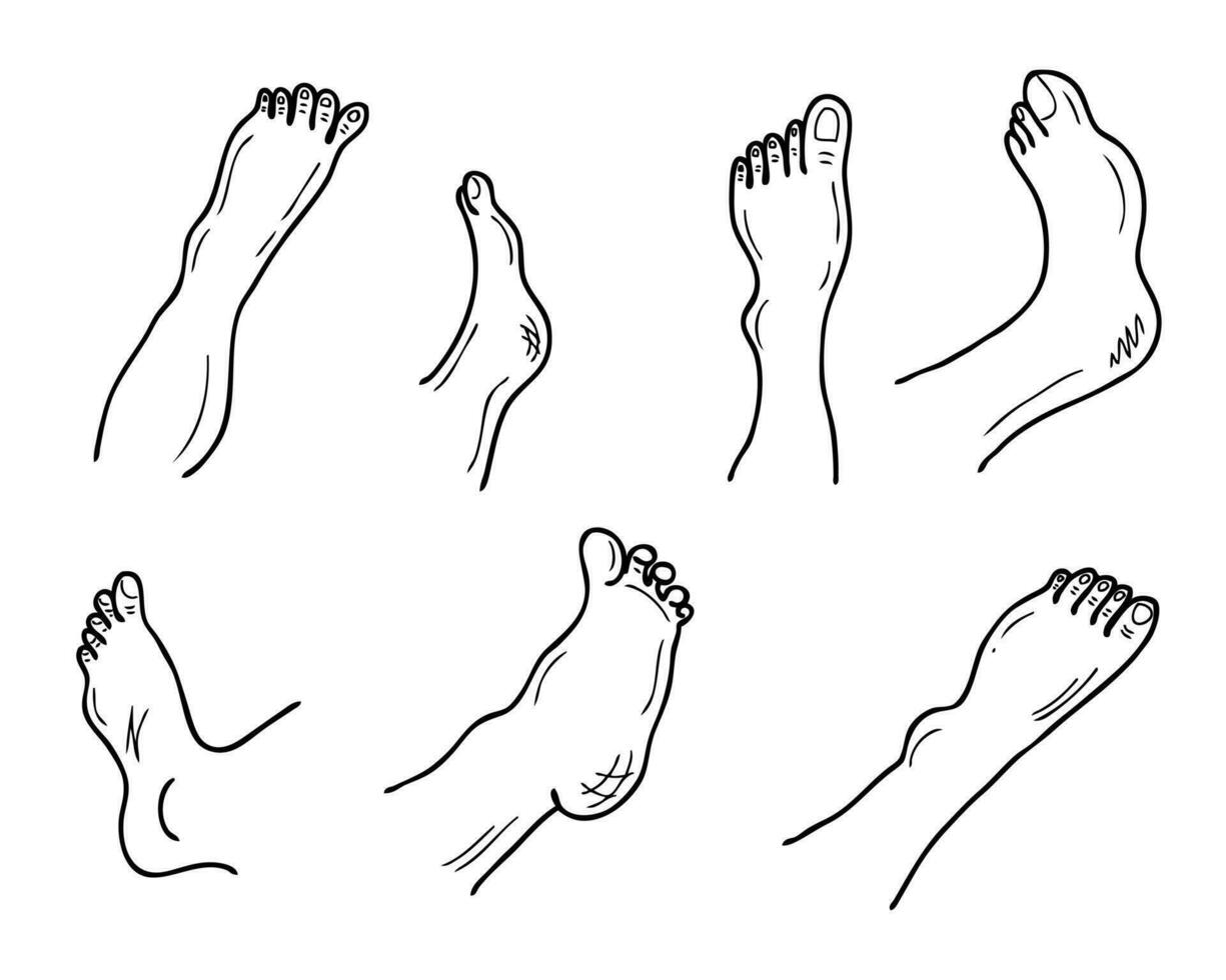 Gekritzel Füße und Beine Körper Teile Sammlung. Lebensstil Fuß Pflege Konzept. vektor