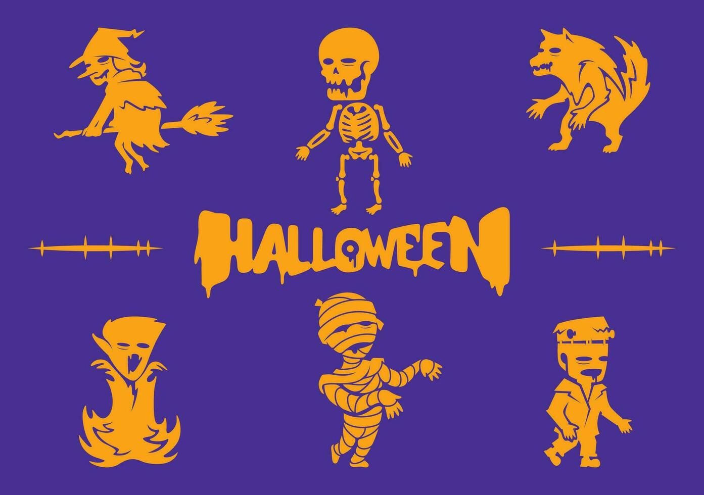 Halloween Monster- bündeln, Hexe, Skelett, Werwolf, Vampir, Mama und Frankenstein Vektor