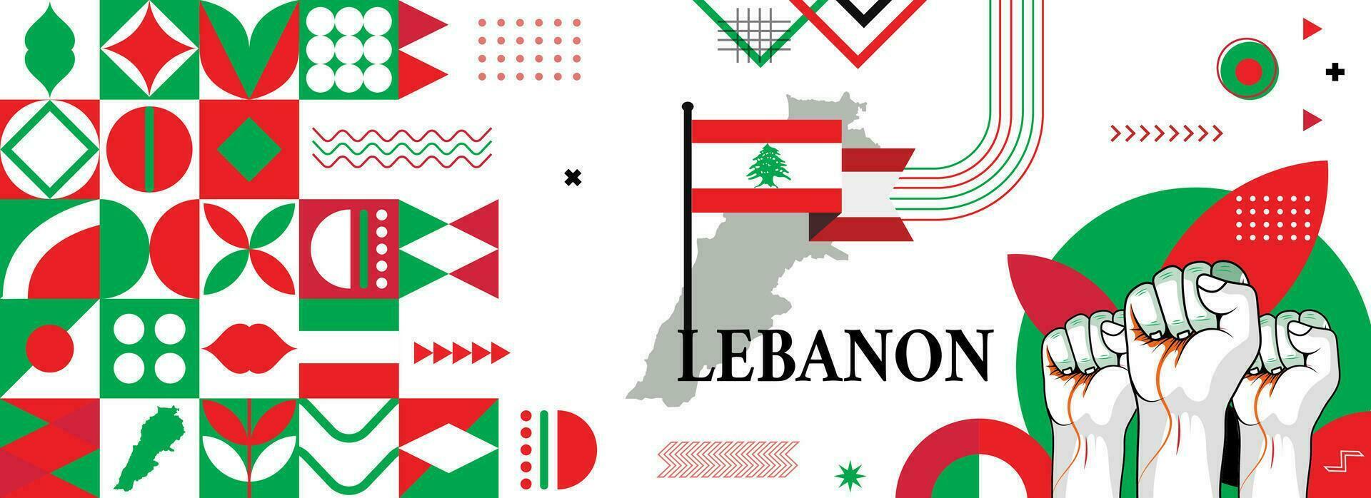 Karte und Flagge von Libanon National oder Unabhängigkeit Tag Banner mit angehoben Hände oder Fäuste., Flagge Farben Thema Hintergrund und geometrisch abstrakt retro modern bunt Design vektor