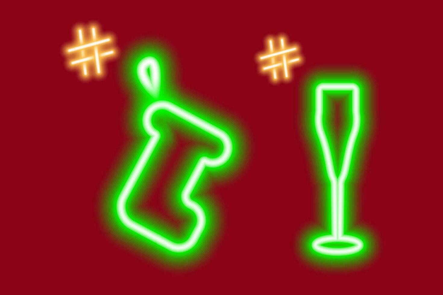 2 neon lysande ikoner av gåva strumpa och vin glas med hashtags. begrepp för hälsningar eller Sök vektor