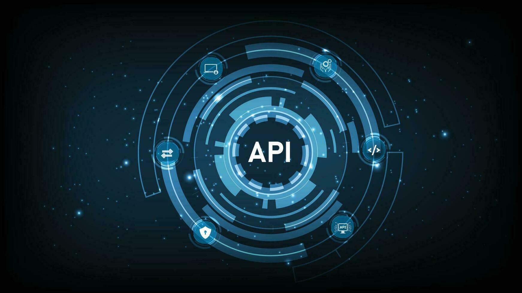 Ansökan programmering gränssnitt api. programvara utveckling verktyg, information teknologi, modern teknologi, internet, och nätverkande begrepp på en mörk blå bakgrund. vektor