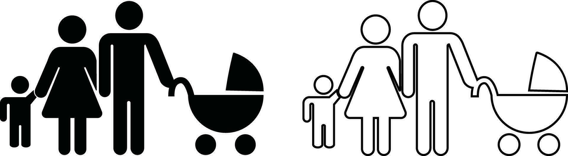 Eltern und Kind Familie Symbol solide im Wohnung, Linie einstellen modisch Stil. glücklich wenig Familie zum Versicherung mit Mutter, Vater, Sohn und Tochter unterzeichnen. Design auf transparent Hintergrund Vektor Apps, Webseite