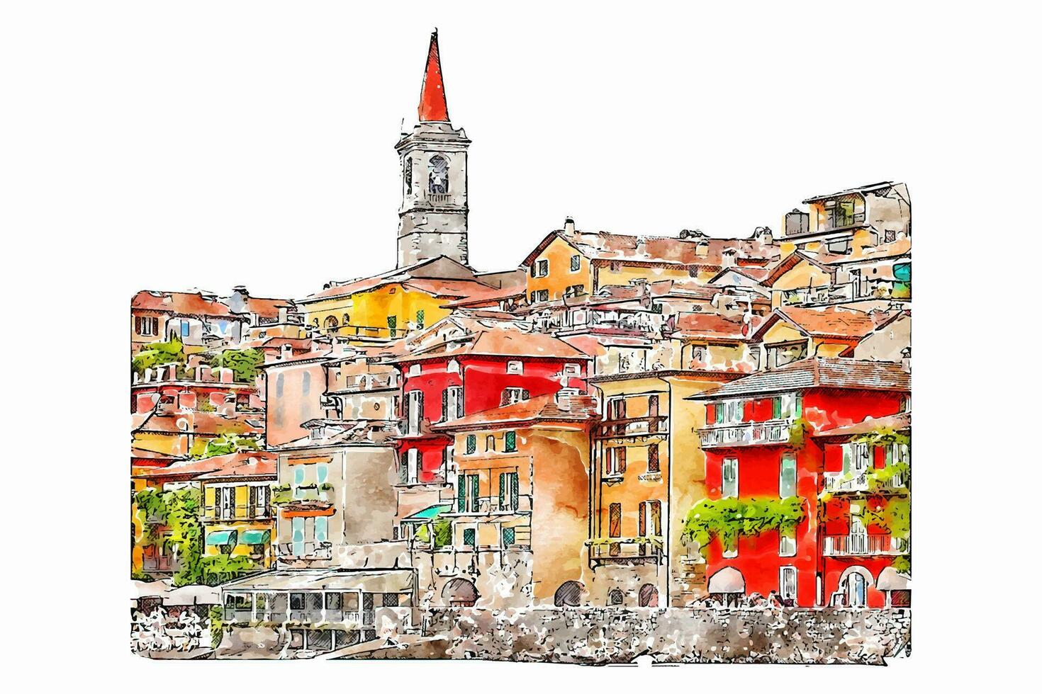 Varenna como See Italien Aquarell Hand gezeichnet Illustration isoliert auf Weiß Hintergrund vektor