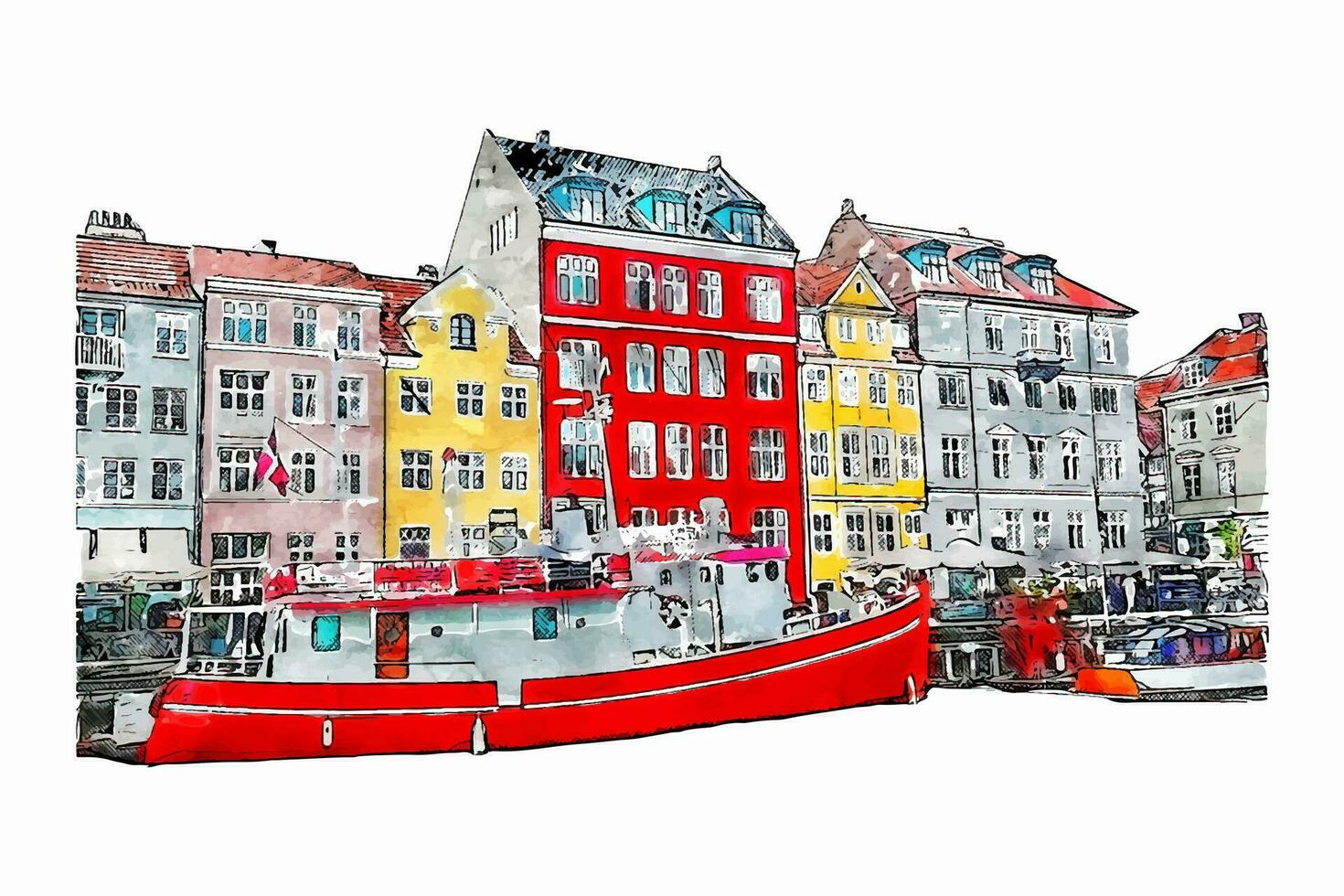 Kopenhagen Dänemark Aquarell Hand gezeichnet Illustration isoliert auf Weiß Hintergrund vektor