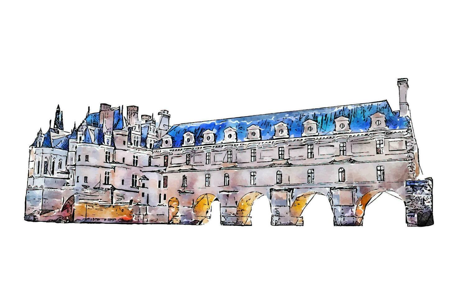 Schloss Frankreich Aquarell Hand gezeichnet Illustration isoliert auf Weiß Hintergrund vektor