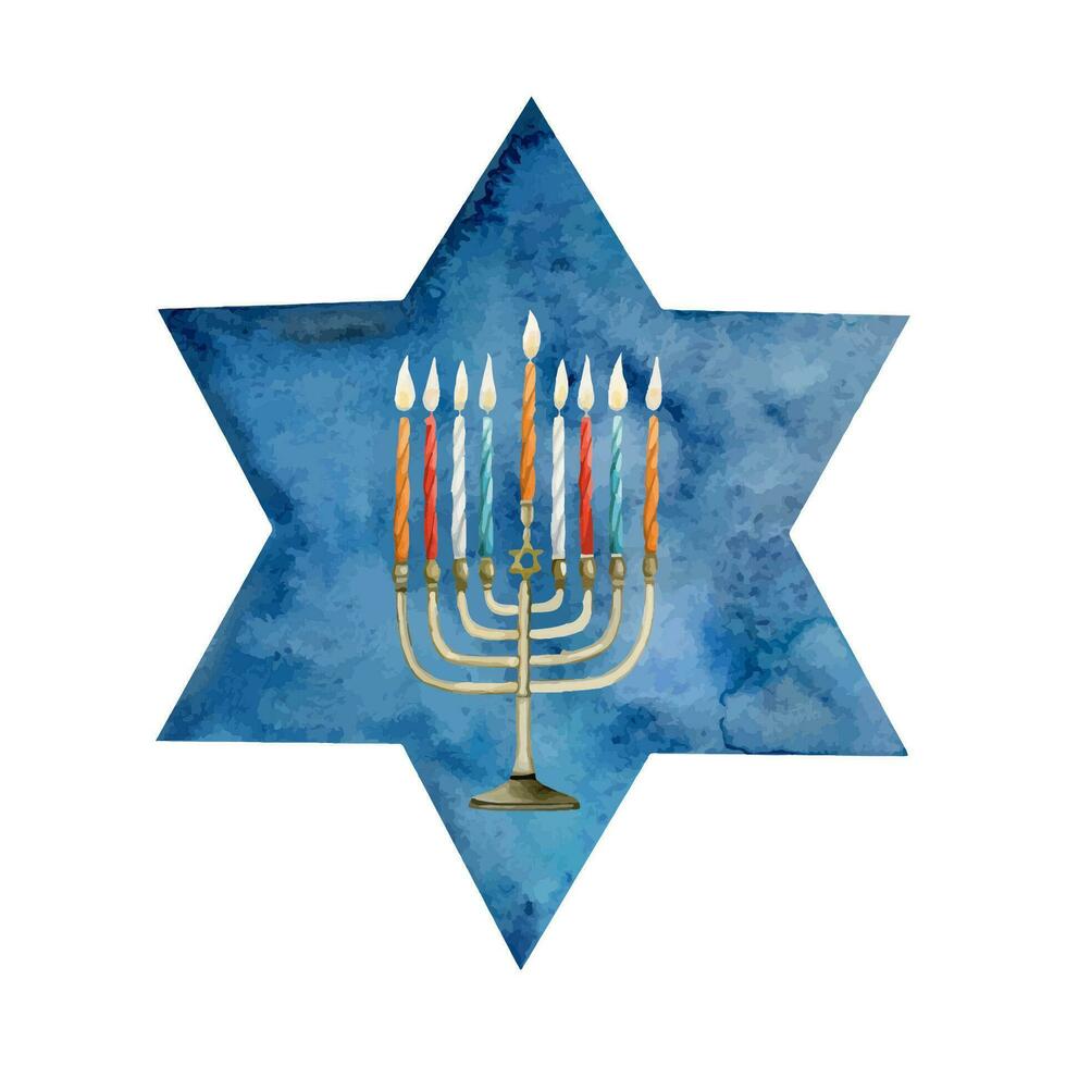Vektor Aquarell Chanukka Illustration mit Urlaub Symbole, Menora mit Mehrfarbig Kerzen auf Blau Star von David