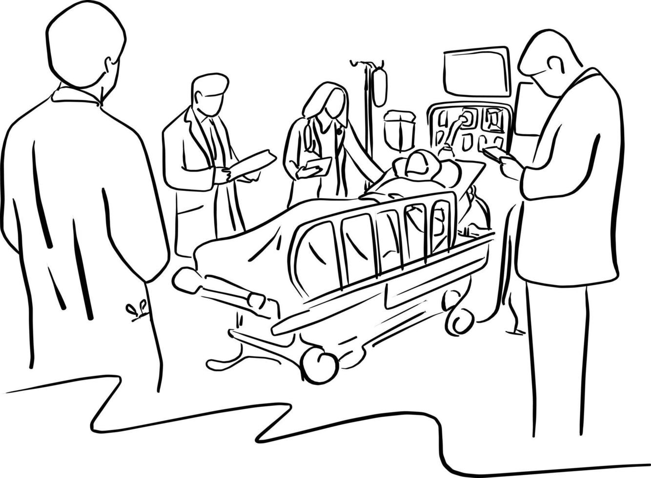 Vier Ärzte kümmern sich im Krankenhaus um einen Patienten auf dem Bett vektor
