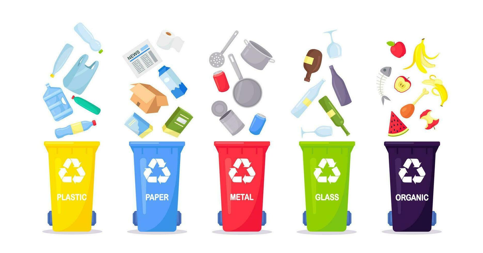 Abfall Sammlung, Trennung und Recycling. Müll getrennt in anders Typen und gesammelt in Abfall Behälter. jeder Behälter zum anders Material. Vektor Illustration