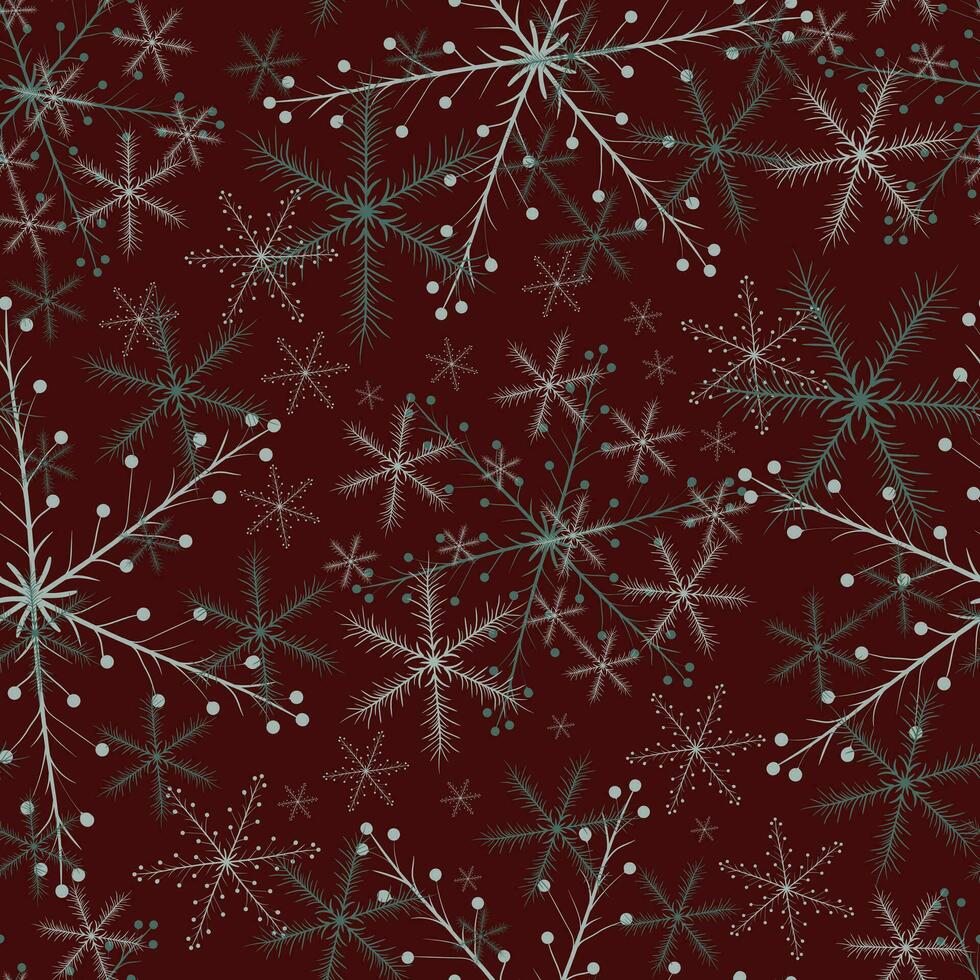 Winter nahtlos Muster mit Schneeflocken auf dunkel Hintergrund. Hand gezeichnet Gekritzel Nadelbaum Ornament im Schneeflocke Form. vektor