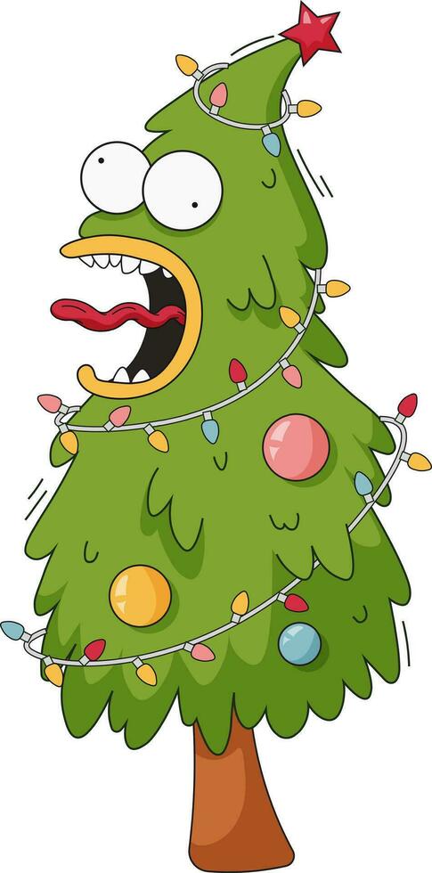skrikande galen jul träd med krans. rolig retro tecknad serie karaktär i de stil av gammal skola. jul karaktär vektor