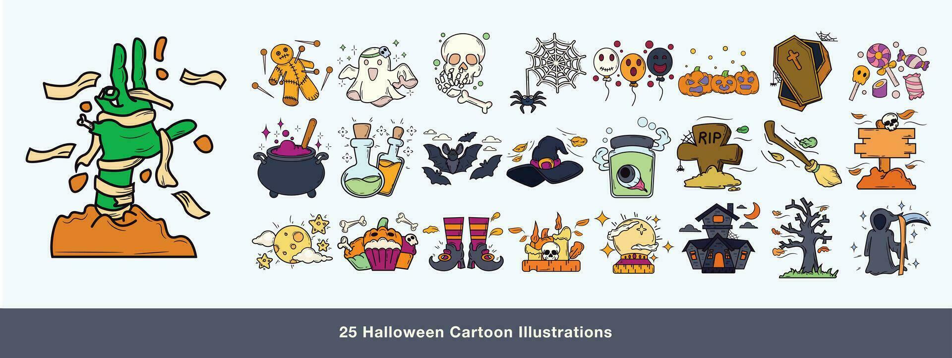 einstellen von süß Halloween Karikatur Illustrationen. Karikatur und handgemalt Stil Halloween Jahreszeit vektor