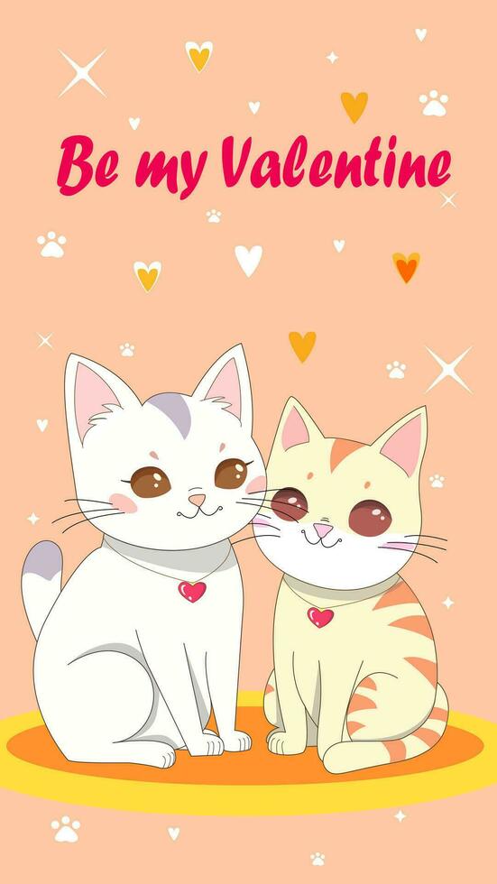 dra vektor illustration karaktär design par kärlek av katter. valentine dag konst tecknad serie stil för vykort eller affisch. vit och beige söt katter.