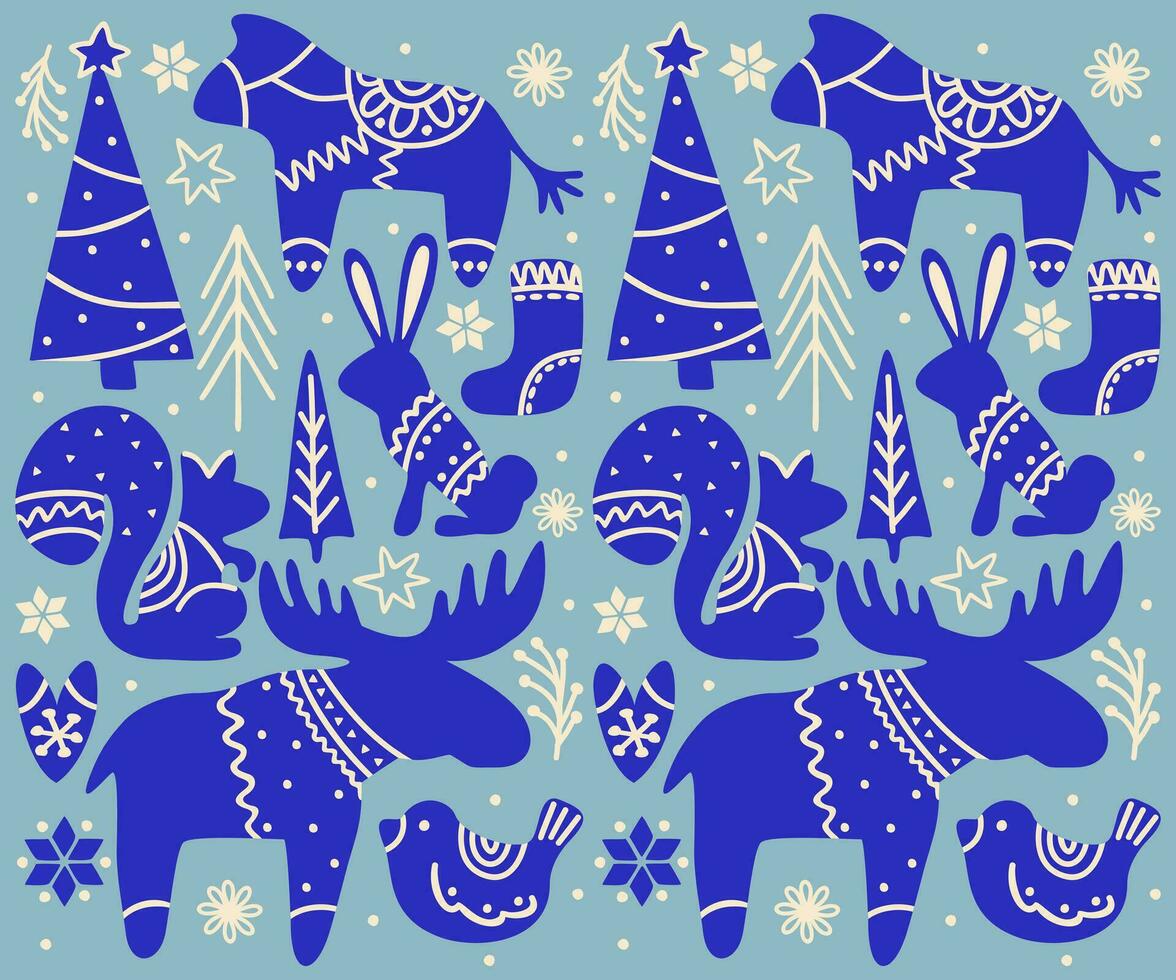 scandinavian jul. vektor uppsättning av dekorativ element. djur, träd, snöflingor i scandinavian stil