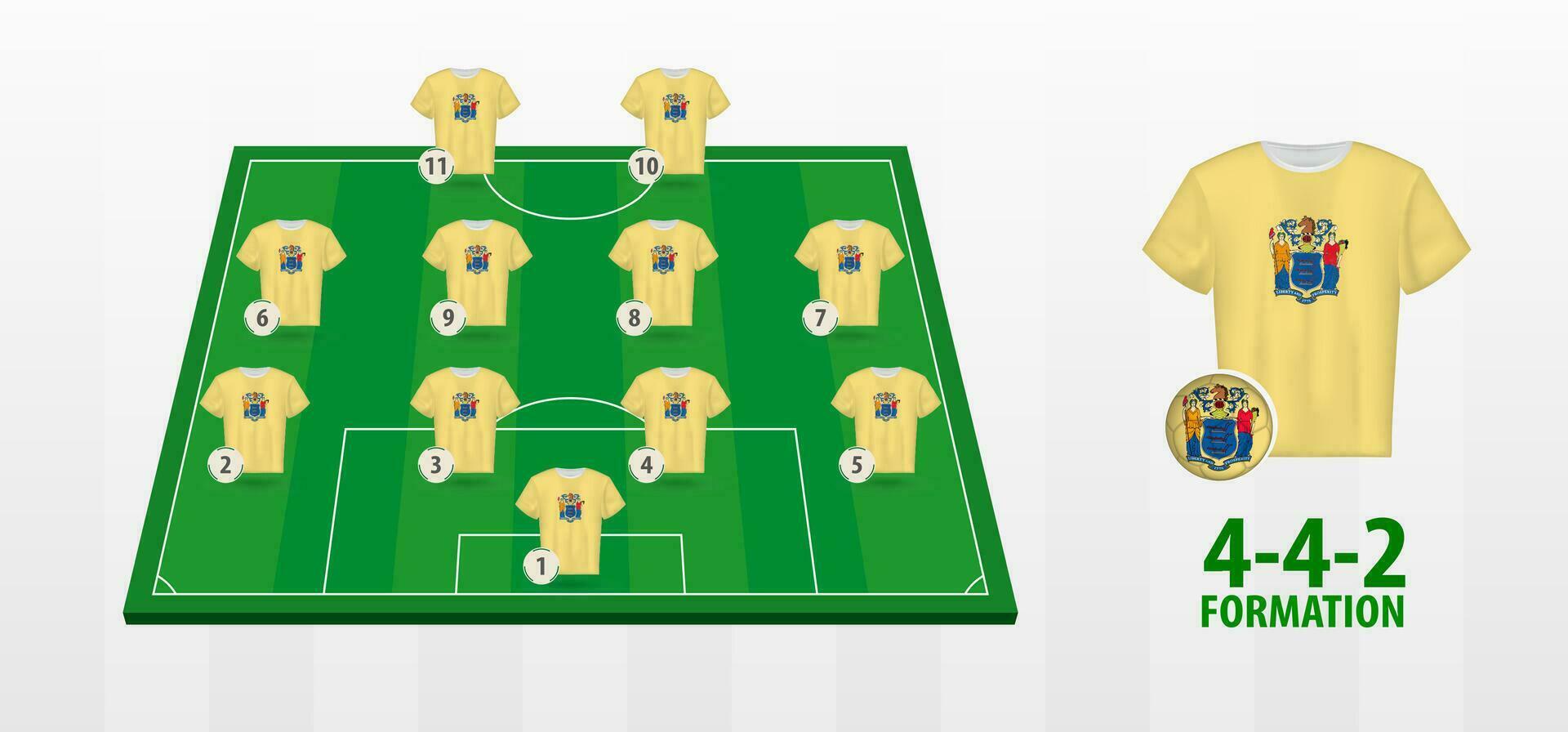 Neu Jersey National Fußball Mannschaft Formation auf Fußball Feld. vektor