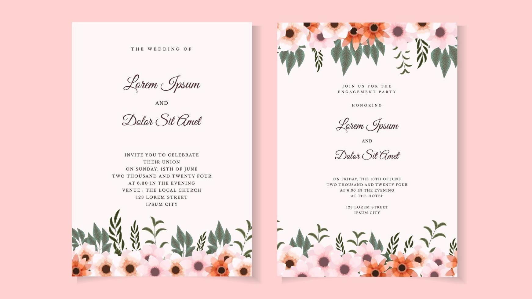 Botanische Hochzeit Hochzeit Einladung Kartenvorlage Wildblumen Laub vektor