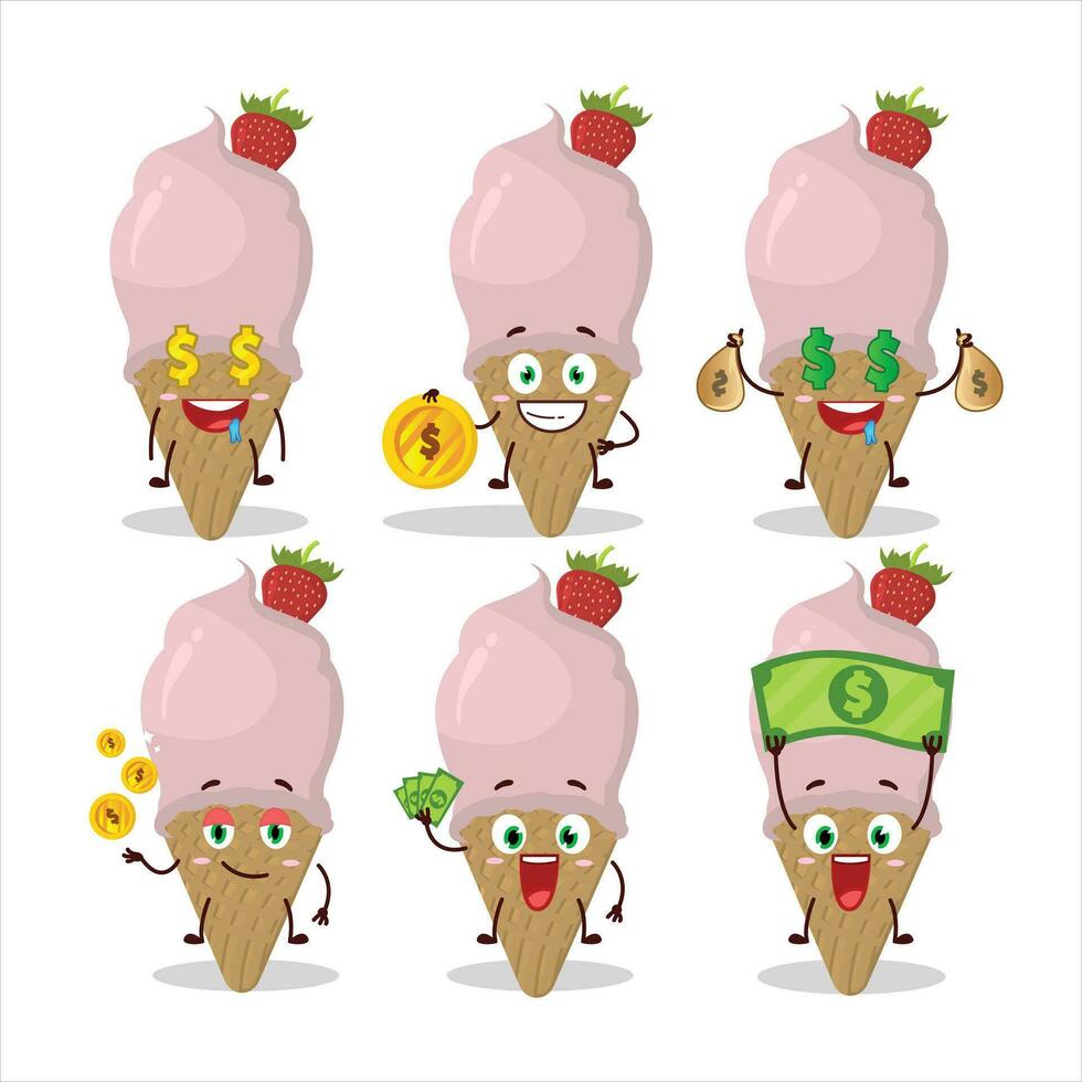 Eis Sahne Erdbeere Karikatur Charakter mit süß Emoticon bringen Geld vektor