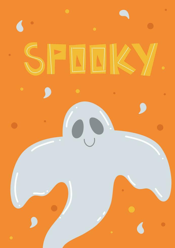 Lycklig halloween vykort med flygande söt spöke. läskigt text. vektor fest inbjudan för barn fest