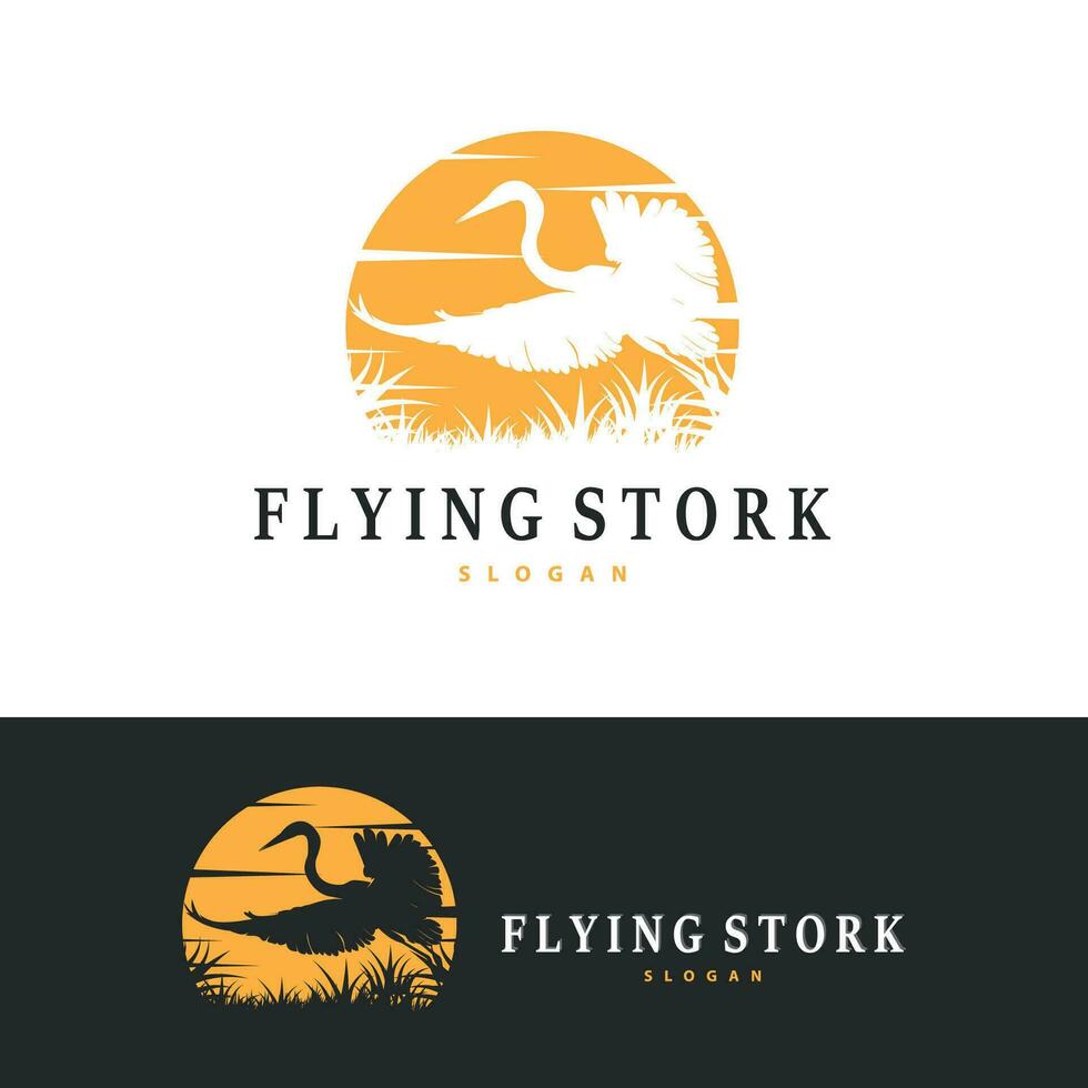 Storch Vogel Logo, Reiher, Gras, und Fluss Design, Vektor einfach Vorlage Illustration