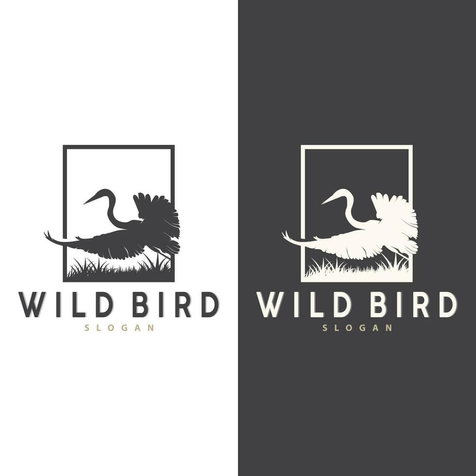 stork fågel logotyp, häger, gräs, och flod design, vektor enkel mall illustration