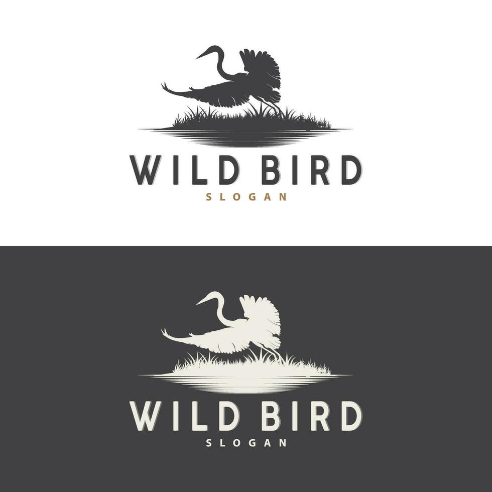 stork fågel logotyp, häger, gräs, och flod design, vektor enkel mall illustration
