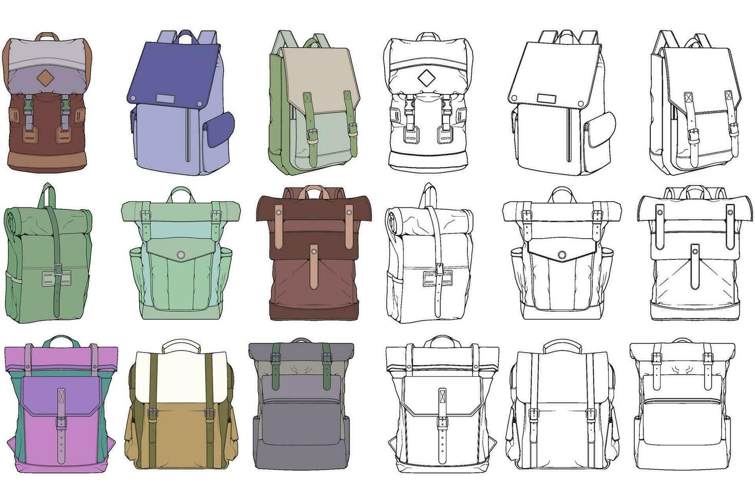 hand dragen color vektor uppsättning av ryggsäckar. tecknad serie tillfällig ryggsäck, Häftigt ryggsäck färgstark. ryggsäckar vektor illustration.