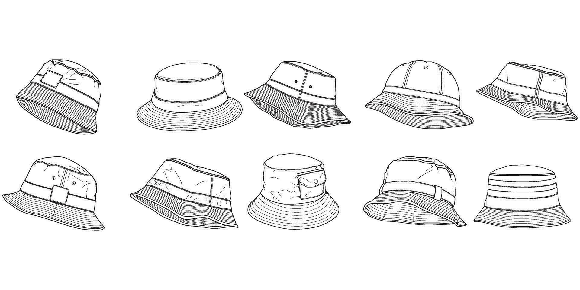 uppsättning av hink hatt översikt teckning vektor, hink hatt i en skiss stil, mall översikt för Träning, vektor illustration.
