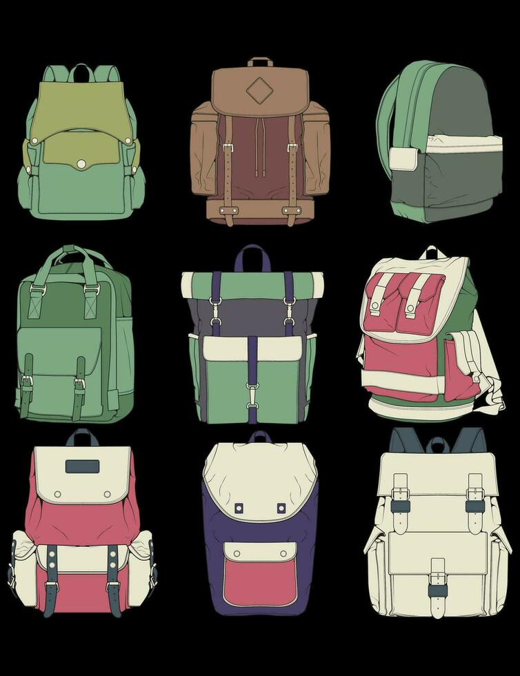 Hand gezeichnet bunt Vektor einstellen von Rucksäcke. Karikatur beiläufig Rucksack, cool Rucksack bunt. Rucksäcke Vektor Illustration.