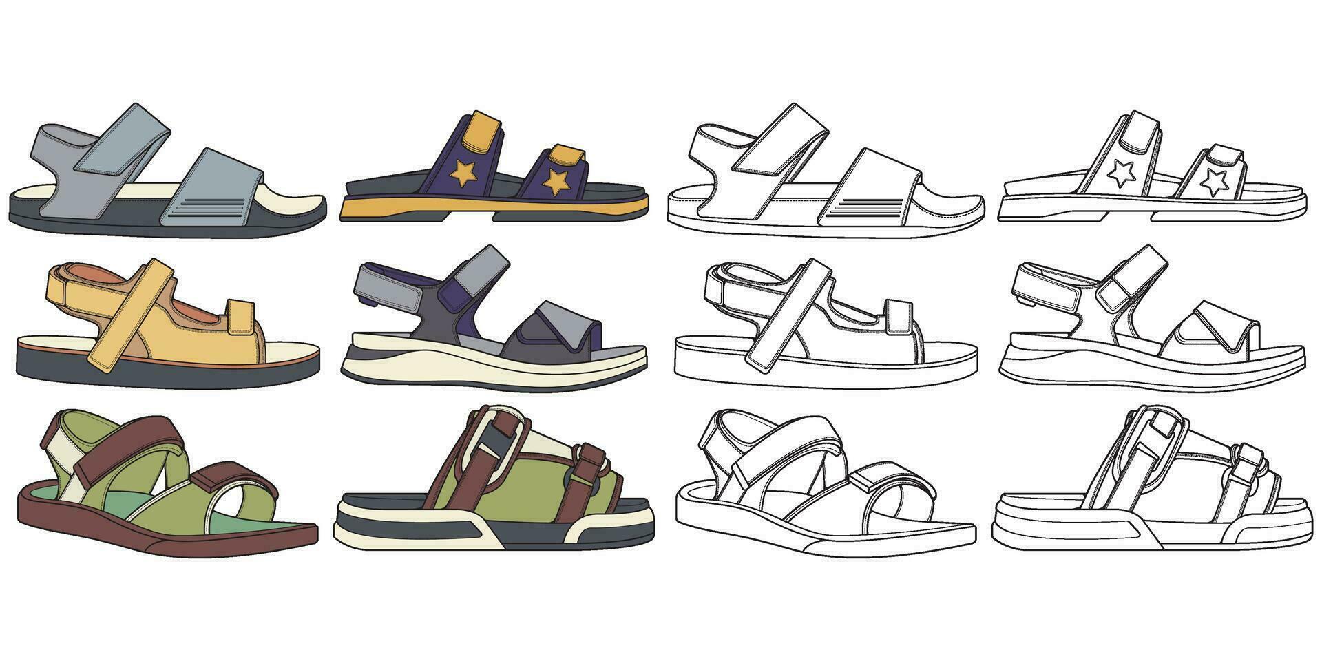 rem sandaler färg teckning vektor, rem sandaler dragen i en skiss stil, buntning rem sandaler mall full Färg, vektor illustration.