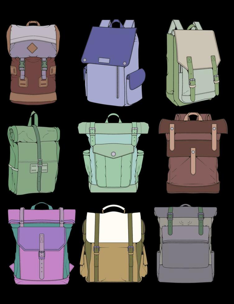 Hand gezeichnet bunt Vektor einstellen von Rucksäcke. Karikatur beiläufig Rucksack, cool Rucksack bunt. Rucksäcke Vektor Illustration.