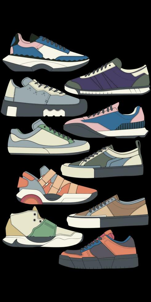 einstellen von Schuhe Sneaker Zeichnung Vektor, Turnschuhe gezeichnet im ein skizzieren Stil, Bündelung Turnschuhe Sportschuhe Vorlage, Vektor Illustration.