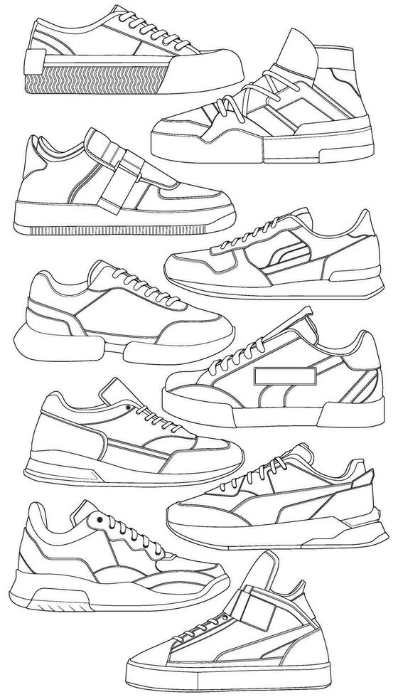 einstellen von Schuhe Sneaker Gliederung Zeichnung Vektor, Turnschuhe gezeichnet im ein skizzieren Stil, Bündelung Turnschuhe Sportschuhe Vorlage Umriss, Vektor Illustration.