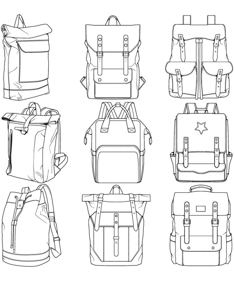 hand dragen vektor uppsättning av ryggsäckar. tecknad serie tillfällig ryggsäck, Häftigt ryggsäck skiss . ryggsäckar vektor illustration.