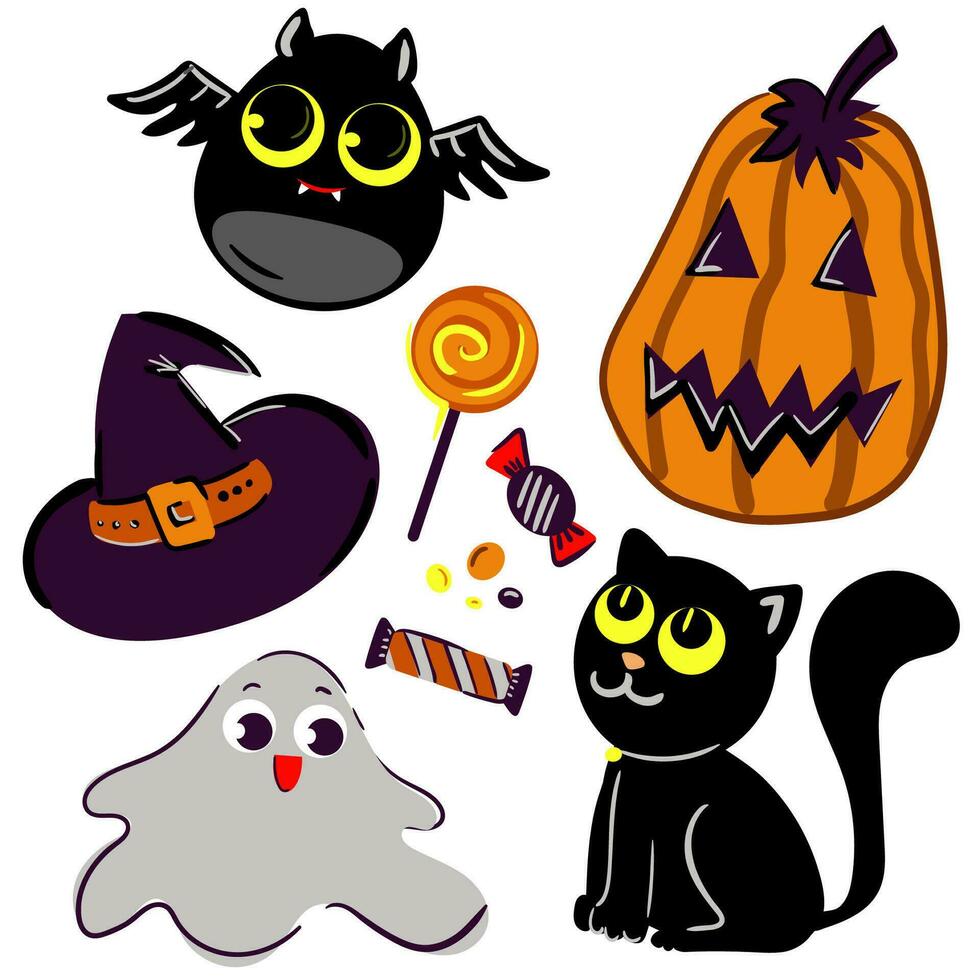 hand teckning halloween vektor tecknad serie uppsättning med söt illustration av fladdermus, katt, hatt, spöke.