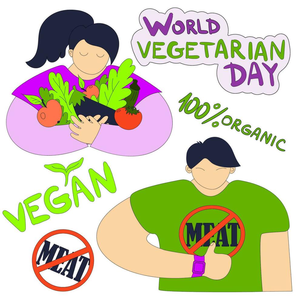 Welt Vegetarier Tag. Menschen mit Vegetarier Lebensmittel. Vektor. Aufkleber. Junge Nein Fleisch unterzeichnen. organisch Lebensmittel. vektor