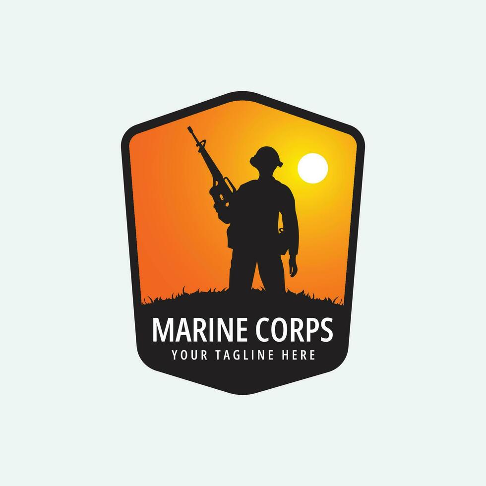 Marine Korps mit Sonne und Waffe Logo Design Vektor Illustration