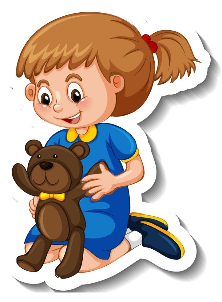 klistermärke mall med en flicka som leker med sin nallebjörn isolerad vektor